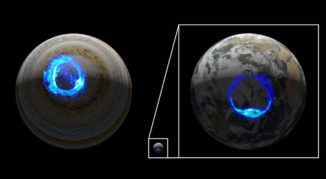 Vergleich der Ultraviolettauroras auf Jupiter und der Erde. Sie ähneln sich, obwohl Jupiter etwa zehnmal größer ist. (Credits: NASA / JPL-Caltech / SwRI / UVS / STScI / MODIS / WIC / IMAGE / ULiège)