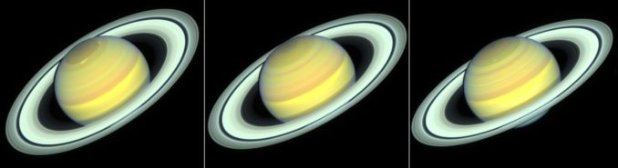 Der Gasriese Saturn in einer Bildsequenz, aufgenommen vom Weltraumteleskop Hubble in den Jahren 2018, 2019 und 2020. (Credits: NASA / ESA / STScI / A. Simon / R. Roth)