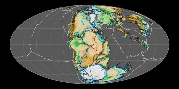 Karte des Superkontinents Pangaea im Mesozoikum vor etwa 200 Millionen Jahren. (Credits: Wikipedia / User: Fama Clamosa / CC-BY-SA 4.0) Karte des Superkontinents Pangaea im Mesozoikum vor etwa 200 Millionen Jahren. (Credits: Wikipedia / User: Fama Clamosa / CC-BY-SA 4.0)