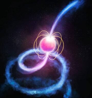 Künstlerische Darstellung eines Pulsars, der aus seinen Magnetpolen Radiowellen emittiert. (Credit: ICRAR / Curtin University)