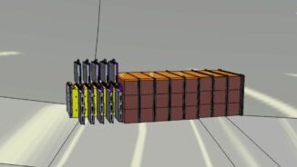 Schematische Darstellung des SND@LHC-Experiments aus einem Wolframziel mit Emulsionsfilmen (gelb) und elektronischen Trackingsystemen (grau), angeschlossen an einen Detektor (braun). (Credits: Image: Antonio Crupano / SND@LHC)