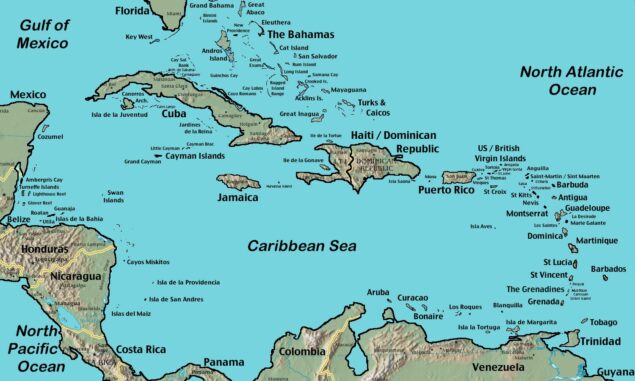 Karte der Karibik mit den Großen Antillen im Norden (Kuba, Jamaica, Hispaniola, Puerto Rico) und den Kleinen Antillen im Osten. (Credits: CIA World Factbook / gemeinfrei)