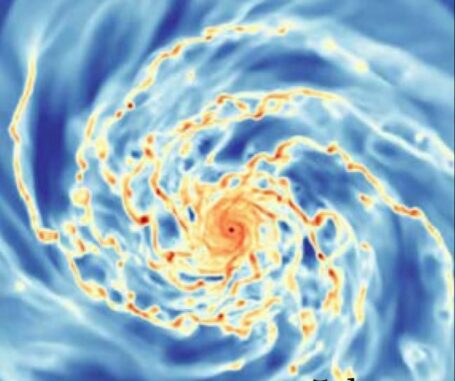 Computersimulation einer Galaxie in Frontalansicht. Rot deutet auf höhere Gasdichten hin, Blau auf geringere. (Credits: Semenov et al., 2021) Computersimulation einer Galaxie in Frontalansicht. Rot deutet auf höhere Gasdichten hin, Blau auf geringere. (Credits: Semenov et al., 2021)