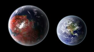 Künstlerische Darstellung von Kepler-422b (links) und der Erde (rechts). (Credits: Wikipedia / User: Ph03nix1986 / CC BY SA 4.0)