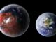 Künstlerische Darstellung von Kepler-422b (links) und der Erde (rechts). (Credits: Wikipedia / User: Ph03nix1986 / CC BY SA 4.0)