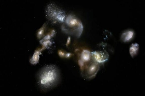 Künstlerische Darstellung des Protogalaxienhaufens SPT2349-56. (Credits: ESO / M. Kornmesser)