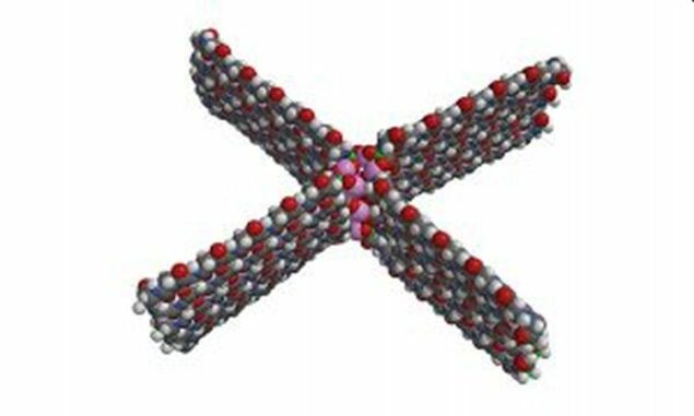 Schematische Darstellung eines Polymers (Wasserstoff = Weiß, Kohlenstoff = Schwarz, Stickstoff = Blau, Sauerstoff = Rot, Silizium = Pink, Eisen = Grün). (Credits: Julie Elizabeth Mary McGeoch and Malcolm William McGeoch)