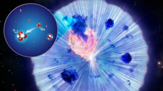 Eine klassische Nova tritt in einem Doppelsternsystem auf, das aus einem Weißen Zwerg und einem Begleitstern besteht. Der Weiße Zwerg zieht Gas von dem Begleiter ab, was eine thermonukleare Reaktion auslöst, die neu produzierte Elemente in den Weltraum katapultiert. (Credit: Kyoto Sangyo University)