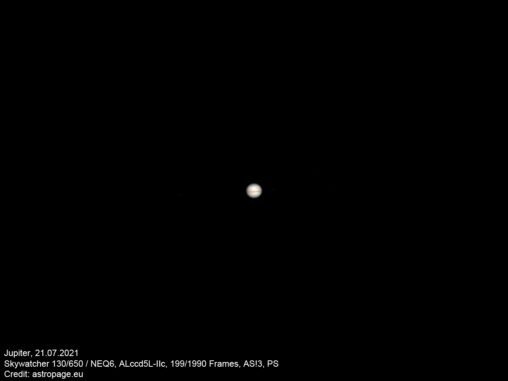 Jupiter, aufgenommen mit dem Skywatcher Newton 130/650. (Credits: astropage.eu)