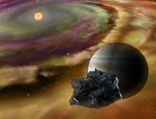Künstlerische Darstellung von Jupiter und einem Kometen in einer kalten äußeren Region des jungen Sonnensystems. (Credits: Illustration provided by Yuki Kimura)