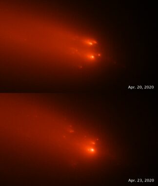 Die Hubble-Aufnahmen des Kometen C/2019 Y4 (ATLAS) vom 20. April und 23. April 2020 zeigen das Auseinanderbrechen des festen Kometenkerns. (Credits: Science: NASA, ESA, Quanzhi Ye (UMD); Image Processing: Alyssa Pagan (STScI)) Die Hubble-Aufnahmen des Kometen C/2019 Y4 (ATLAS) vom 20. April und 23. April 2020 zeigen das Auseinanderbrechen des festen Kometenkerns. (Credits: Science: NASA, ESA, Quanzhi Ye (UMD); Image Processing: Alyssa Pagan (STScI))