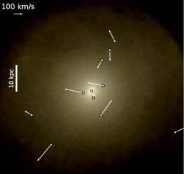 Ein Bild aus einer ROMULUS-Computersimulation zeigt eine Galaxie mit mittelgroßer Masse mit ihrer hellen Zentralregion und ihrem supermassiven Schwarzen Loch. Die Positionen und Geschwindigkeiten umherstreifender supermassiver Schwarzer Löcher sind markiert. (Credits: Ricarte et al, 2021)