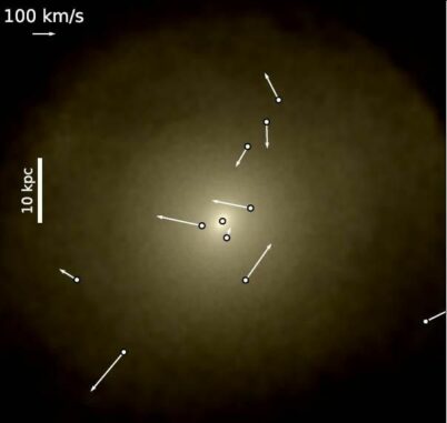 Ein Bild aus einer ROMULUS-Computersimulation zeigt eine Galaxie mit mittelgroßer Masse mit ihrer hellen Zentralregion und ihrem supermassiven Schwarzen Loch. Die Positionen und Geschwindigkeiten umherstreifender supermassiver Schwarzer Löcher sind markiert. (Credits: Ricarte et al, 2021)