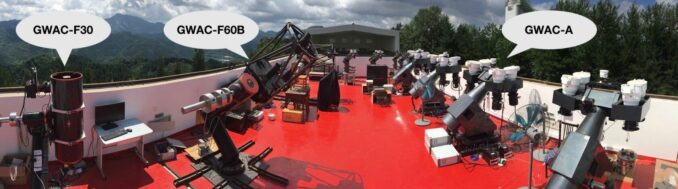 Die Teleskope von GWAC-A, GWAC-F60A/B und das GWAC- F30 (Credits: Image by HAN Xuhui) Die Teleskope von GWAC-A, GWAC-F60A/B und das GWAC- F30 (Credits: Image by HAN Xuhui)