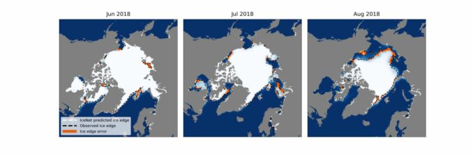 Grafiken zum Zustand des Meereises in der Arktis, basierend auf dem KI-System IceNet. (Credits: British Antarctic Survey) Grafiken zum Zustand des Meereises in der Arktis, basierend auf dem KI-System IceNet. (Credits: British Antarctic Survey)