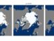 Grafiken zum Zustand des Meereises in der Arktis, basierend auf dem KI-System IceNet. (Credits: British Antarctic Survey)