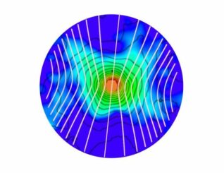 Diese Grafik zeigt den magnetisierten, sternbildenden Kern BHR 71 IRS1. Der zentrale Protostern und die planetenbildende Scheibe sind durch den orangefarbenen Kreis markiert. Die weißen Linien zeigen den Verlauf der Magnetfeldlinien an. (Credits: Myers, P. et al. 2020, Astrophysical Journal, 896, 163)