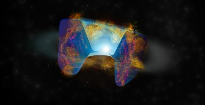 Sich schnell bewegende Überreste einer Supernova-Explosion, die von einer stellaren Kollision ausgelöst wurde, prallen auf zuvor abgestoßenes Gas und diese Schockwellen und produzieren die vom VLA registrierte Radioemissionen. (Credit: Bill Saxton, NRAO / AUI / NSF) Sich schnell bewegende Überreste einer Supernova-Explosion, die von einer stellaren Kollision ausgelöst wurde, prallen auf zuvor abgestoßenes Gas und diese Schockwellen und produzieren die vom VLA registrierte Radioemissionen. (Credit: Bill Saxton, NRAO / AUI / NSF)
