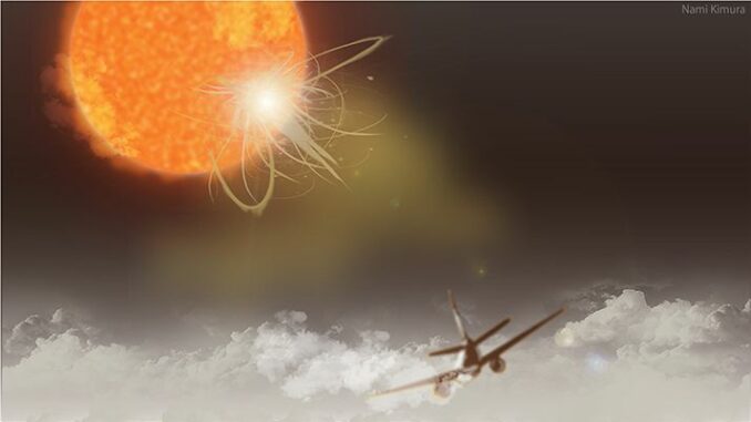 Künstlerische Darstellung eines Flugzeugs, das in großer Flughöhe der Sonnenstrahlung ausgesetzt ist (nicht maßstabsgetreu). (Credits: Illustrated by Nami Kimura) Künstlerische Darstellung eines Flugzeugs, das in großer Flughöhe der Sonnenstrahlung ausgesetzt ist (nicht maßstabsgetreu). (Credits: Illustrated by Nami Kimura)