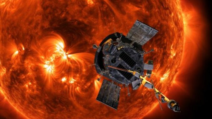 Künstlerische Darstellung der Parker Solar Probe in der Nähe der Sonne. (Credits: NASA / Johns Hopkins APL / Steve Gribben)