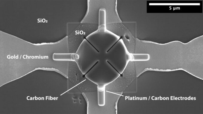 Schnitt einer Kohlefaser in einem mikroelektrischen Stromkreis. (Credits: Satoshi Matsuo and Nancy R. Sottos) Schnitt einer Kohlefaser in einem mikroelektrischen Stromkreis. (Credits: Satoshi Matsuo and Nancy R. Sottos)