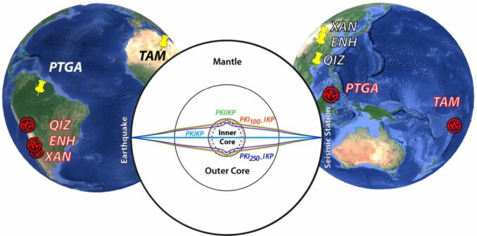 Epizentren von Erdbeben (rot) und die entsprechenden seismischen Messstationen (gelb). (Credit: Butler and Tsuboi (2021)) Epizentren von Erdbeben (rot) und die entsprechenden seismischen Messstationen (gelb). (Credit: Butler and Tsuboi (2021))