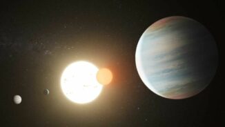Illustration des Doppelsternsystems Kepler-47 mit seinen drei Planeten. (Credits: NASA / JPL Caltech / T. Pyle)