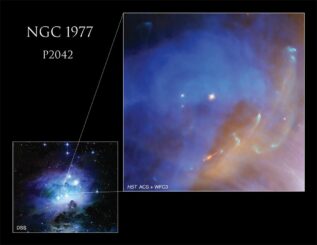 Hubble fotografierte einen kleinen Ausschnitt des Running-Man im Sternbild Orion. (Credits: NASA, ESA, J. Bally (University of Colorado at Boulder), and DSS; Processing: Gladys Kober (NASA / Catholic University of America))