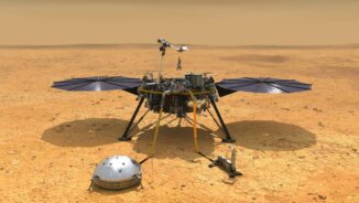 Illustration des Mars InSight Landers auf dem Mars, im Vordergrund das SEIS-Instrument. (Credits: NASA / JPL-Caltech)