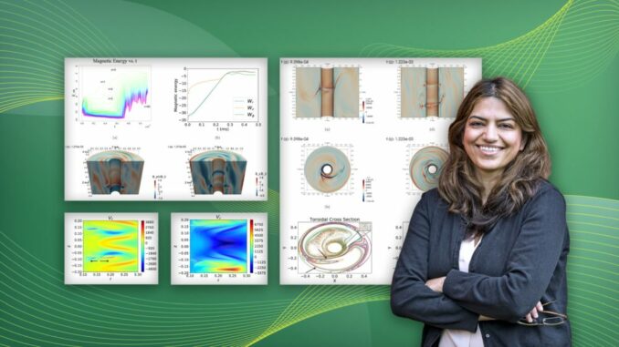 Die Physikerin Fatima Ebrahimi mit computergenerierten Diagrammen über Akkretionsscheiben und Plasma. (Credits: Collage by Kiran Sudarsanan / PPPL) Die Physikerin Fatima Ebrahimi mit computergenerierten Diagrammen über Akkretionsscheiben und Plasma. (Credits: Collage by Kiran Sudarsanan / PPPL)