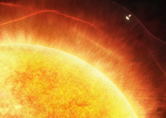 Künstlerische Darstellung der Parker Solar Probe beim Flug durch die Korona der Sonne. (Credits: NASA's Goddard Space Flight Center / Joy Ng)