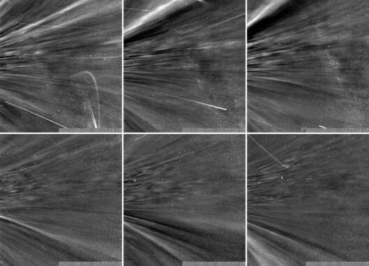 Als die Parker Solar Probe auf dem neunten Vorbeiflug die Korona durchquerte, entdeckte sie coronale Streamer. Die Strukturen treten auf den Bildern hell hervor und wurden bisher nur aus der Ferne beobachtet. (Credits: NASA / Johns Hopkins APL / Naval Research Laboratory)