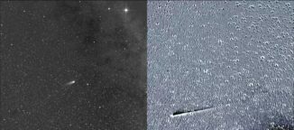 Bilder des Kometen Leonard, aufgenommen vom Solar Orbiter (links) und von STEREO-A (rechts). (Credits: Solar Orbiter Image: ESA / NASA / NRL / SoloHI / Guillermo Stenborg; STEREO-A Image: NASA / NRL / Karl Battams)