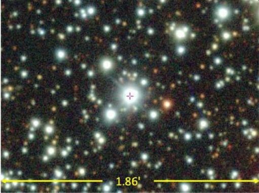 Ein Bild der Umgebung des Objekts TIC 400799224 (markiert durch das Kreuz). (Credits: Powell et al., 2021) Ein Bild der Umgebung des Objekts TIC 400799224 (markiert durch das Kreuz). (Credits: Powell et al., 2021)