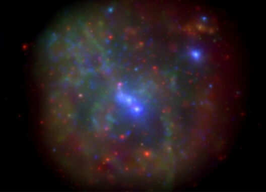 Dieses Röntgenbild des galaktischen Zentrums basiert auf Swift-Beobachtungen von 2007 bis 2013. Sagittarius A* liegt im Zentrum. Energiearme Röntgenstrahlen (300-1.500 Elektronenvolt) erscheinen rot. Mittelstarke Röntgenstrahlen (1.500-3.000 eV) sind grün und hochenergetische (3.000-10.000 eV) sind blau dargestellt. (Credits: NASA / Swift / N. Degenaar)