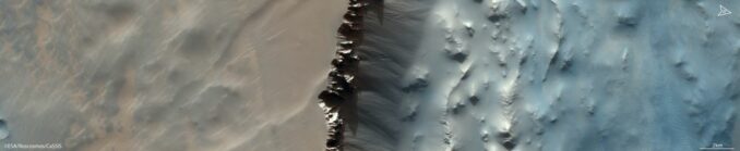 Der östlichste Teil von Noctis Labyrinthus auf dem Mars. (Credits: ESA / Roscosmos / CaSSIS, <a href='https://creativecommons.org/licenses/by-sa/3.0/igo/' target='_blank' rel="noopener">CC BY-SA 3.0 IGO</a>) Der östlichste Teil von Noctis Labyrinthus auf dem Mars. (Credits: ESA / Roscosmos / CaSSIS, CC BY-SA 3.0 IGO)