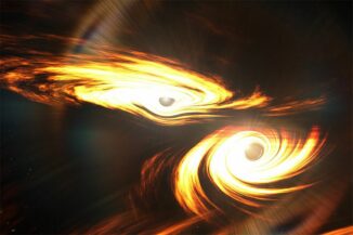 Künstlerische Darstellung zweier kollidierender Schwarzer Löcher. (Credits: Mark Myers, ARC Centre of Excellence for Gravitational Wave Discovery (OzGrav))