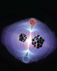 Künstlerische Darstellung der Entstehung magnetischer Monopole durch eine Schwerionenkollision. (Credits: James Pinfold, MoEDAL Collaboration)