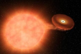 Illustration eines Doppelsternsystems wie V Sge, in dem ein Weißer Zwerg Materie von einem Begleitstern abzieht. (Credits: NASA)