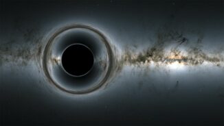 Simulation eines supermassiven Schwarzen Lochs und der von ihm verursachten Verzerrungen vor dem Sternenhintergrund (Credit: NASA's Goddard Space Flight Center; Background: ESA / Gaia / DPAC)