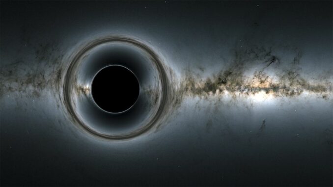 Simulation eines supermassiven Schwarzen Lochs und der von ihm verursachten Verzerrungen vor dem Sternenhintergrund (Credit: NASA's Goddard Space Flight Center; Background: ESA / Gaia / DPAC)