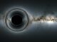 Simulation eines supermassiven Schwarzen Lochs und der von ihm verursachten Verzerrungen vor dem Sternenhintergrund (Credit: NASA's Goddard Space Flight Center; Background: ESA / Gaia / DPAC)