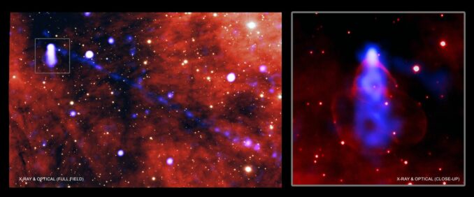 Der lange Materie-Antimateriestrahl des Pulsars PSR J2030+4415, basierend auf optischen Daten und Chandra-Daten. (Credits: X-ray: NASA / CXC / Stanford Univ. / M. de Vries; Optical: NSF / AURA / Gemini Consortium)