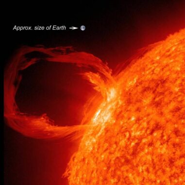 Eine Sonnenprotuberanz mit der Erde als Größenvergleich. (Credits: NASA / SDO)