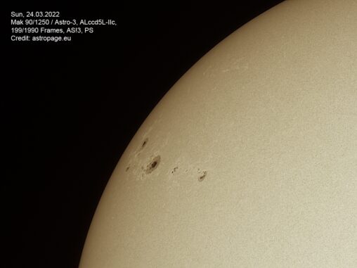 Sonnenflecken am 24. März 2022. (Credits: astropage.eu) Sonnenflecken am 24. März 2022. (Credits: astropage.eu)