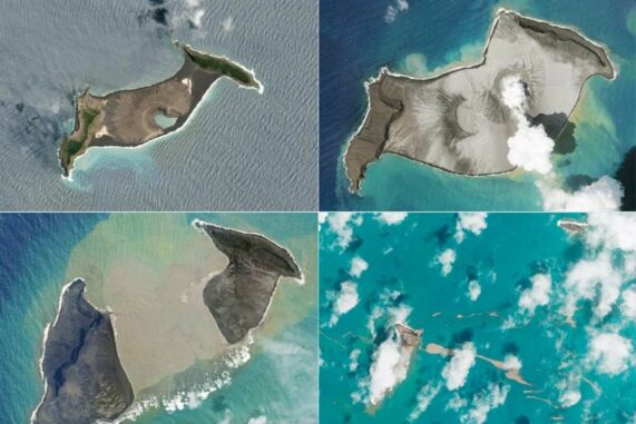 Oben: Hunga Tonga und Hunga Ha’apai waren separate Inseln, die im Zeitraum von sieben Jahren zusammenwuchsen. Unten: Die Eruption am Jan. 14, 2022 ließ den Hauptschlot unter Wasser sinken. Die Eruption am nächsten Tag vernichtete die Inseln. (Credits: PLANET LABS PBC)