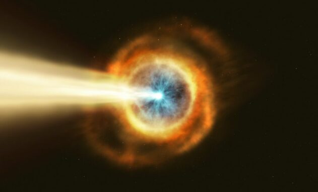 Künstlerische Darstellung eines Gammablitzes. (Credits: ESA / Hubble, M. Kornmesser, <a href='http://creativecommons.org/licenses/by/4.0/' target='_blank' rel="noopener">CC BY 4.0</a>) Künstlerische Darstellung eines Gammablitzes. (Credits: ESA / Hubble, M. Kornmesser, CC BY 4.0)