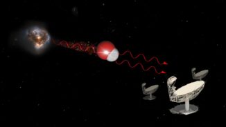 Schematische Darstellung eines Hydroxyl-Masers. Diese Emissionen bei 18cm Wellenlänge können im Rahmen von galaktischen Verschmelzungen und Kollisionen sehr hell werden. (Credits: © IDIA / LADUMA using data from NASA / StSci / SKAO / MolView)