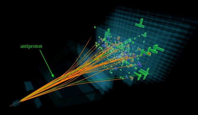 Eine vom LHCb-Detektor aufgezeichnete Proton-Proton-Kollision zeigt die Bahn, gefolgt von einem Antiproton, das durch die Kollision entstand. (Credits: Image: CERN)