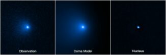 Die Bildsequenz zeigt den Kern des Kometen C/2014 UN271 (Bernardinelli-Bernstein) (rechts), der aus einer Hubble-Beobachtung (links) und einem Computermodell der Koma (Mitte) berechnet wurde. (Credits: NASA, ESA, Man-To Hui (Macau University of Science and Technology), David Jewitt (UCLA); Image processing: Alyssa Pagan (STScI))